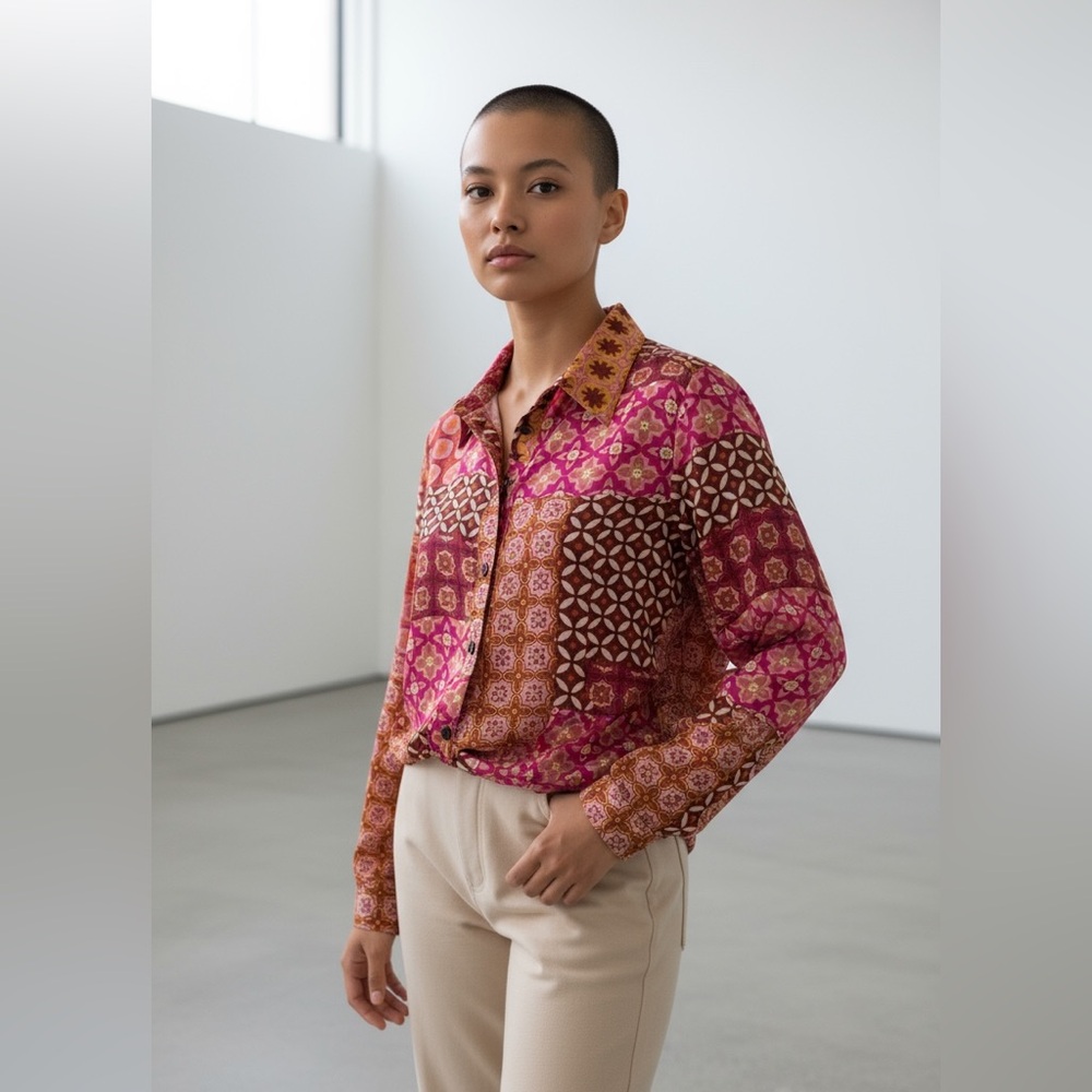 Anthropologie Patchwork Print Button-Up Blouse in Pink and Brown